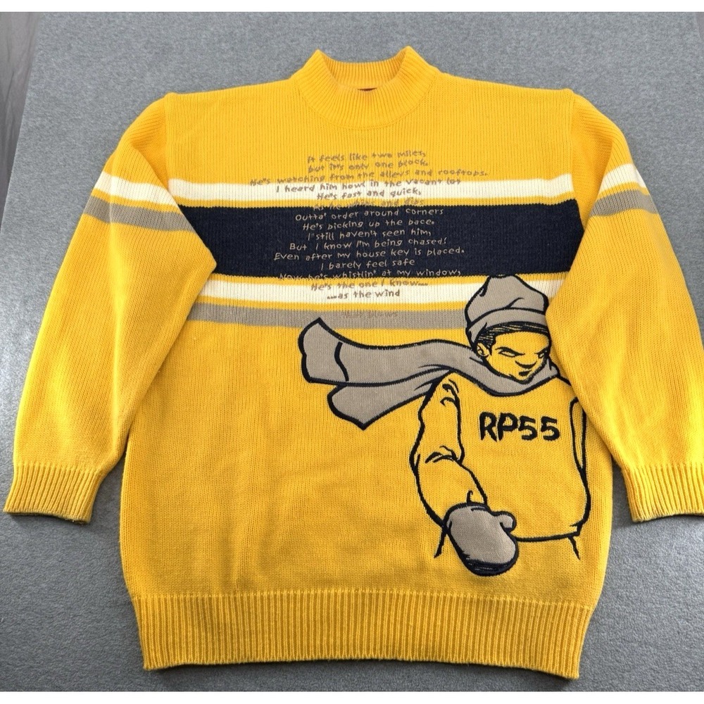 Y2K Urban Hip‎ Hop Graphic Knit Sweater Yellow Streetwear RP55 Jeans Co XL